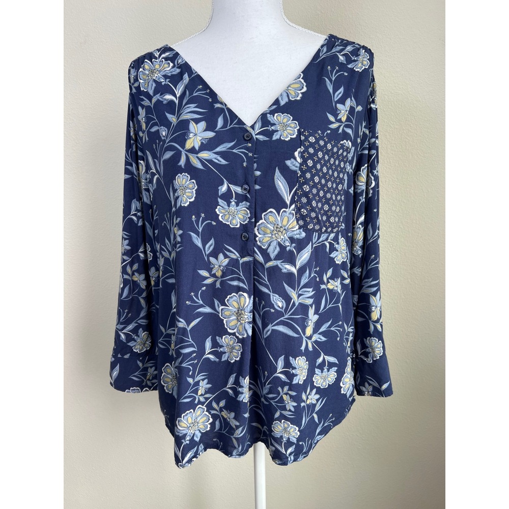 Fred David Floral Boho Peasant Garden Blouse Blue Mixed Print Rayon Pocket